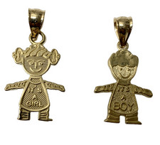 Real 10K Solid Yellow Gold It's A Girl Or Boy Pendant Necklace Charm Child Baby