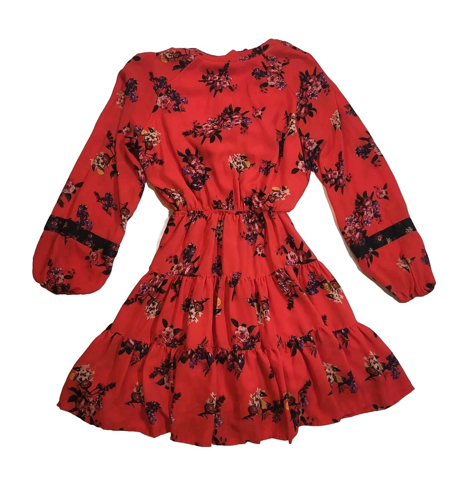 Gianni Bini Tiered Mini Dress Red Size XS Floral Ruffle Button Tie Feminine  - Image 3 of 4
