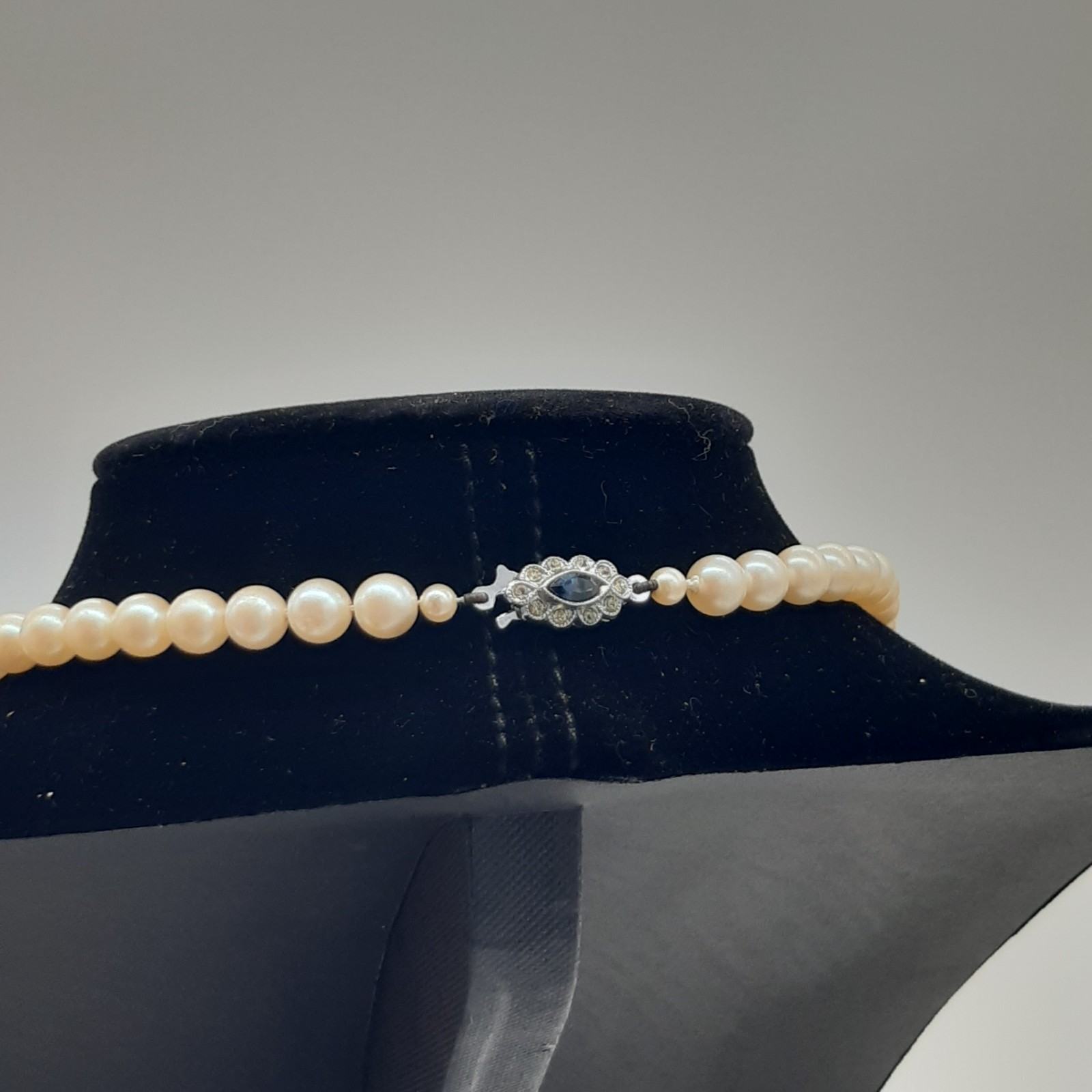 Vintage Pearl Necklace Earrings Set Made in England Marquise Sapphire Paste image 5
