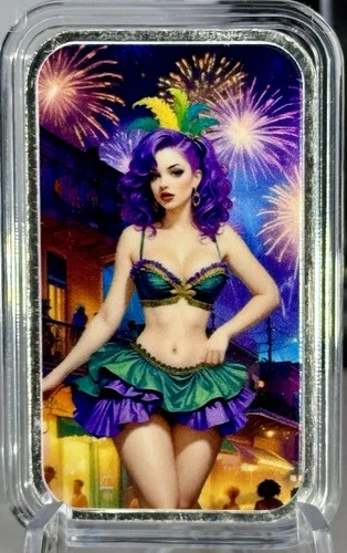 Marlee Gras Colorized Bullion Baddies Series 3  1 oz Silver Bar .999 Art Bar