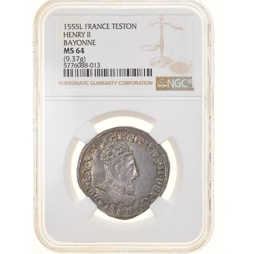[#877789] Coin, France, Henri II, Teston, 1555, Bayonne, NGC, MS64, MS(64), Silv