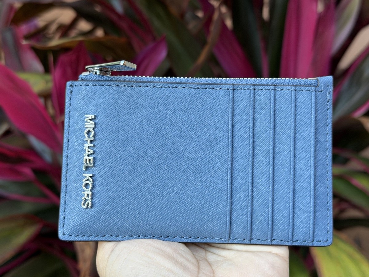 Michael Kors Jet Set Travel Top Zip Card Case Wallet Denim/Silver