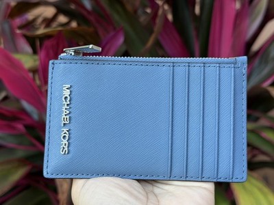 Michael Kors Jet Set Travel Top Zip Card Case Wallet Denim/Silver