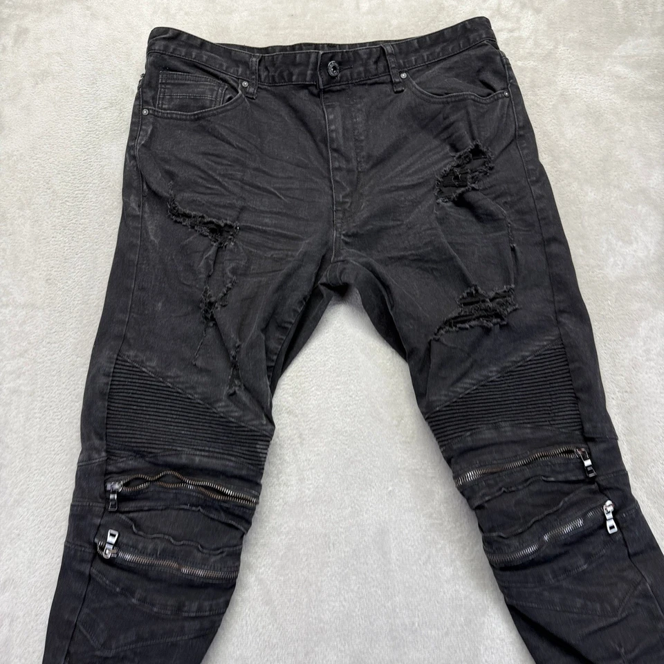 Pantalones de mezclilla Smoke Rise para hombre 38x32 negros desgastados rasgados motociclista oscuro preppy Foto 2 de 4