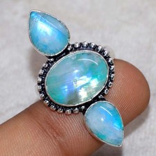 Long Rainbow Moonstone 925 Silver Plated Ring US 9.5 Minimalist Style Gift JW
