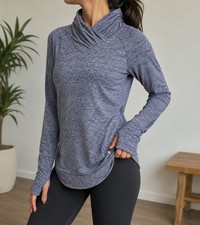Apana Women's Heathered Blue Cowl Neck Long Sleeve Yoga Pullover with Thumbholes