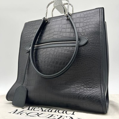 Alexander McQueen Tall Story Bag Croc Embossed Leather Black Unisex
