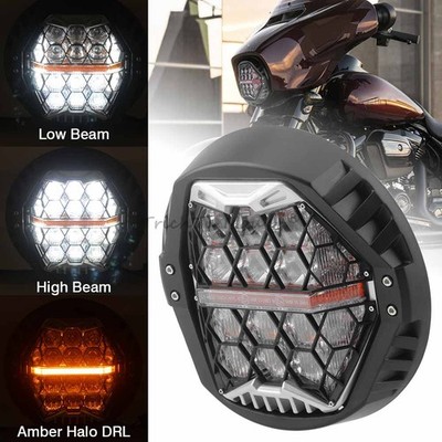 7'' Headlight LED Hi/Low Beam Amber DRL For Harley Street Glide 15-23 Softail FLD