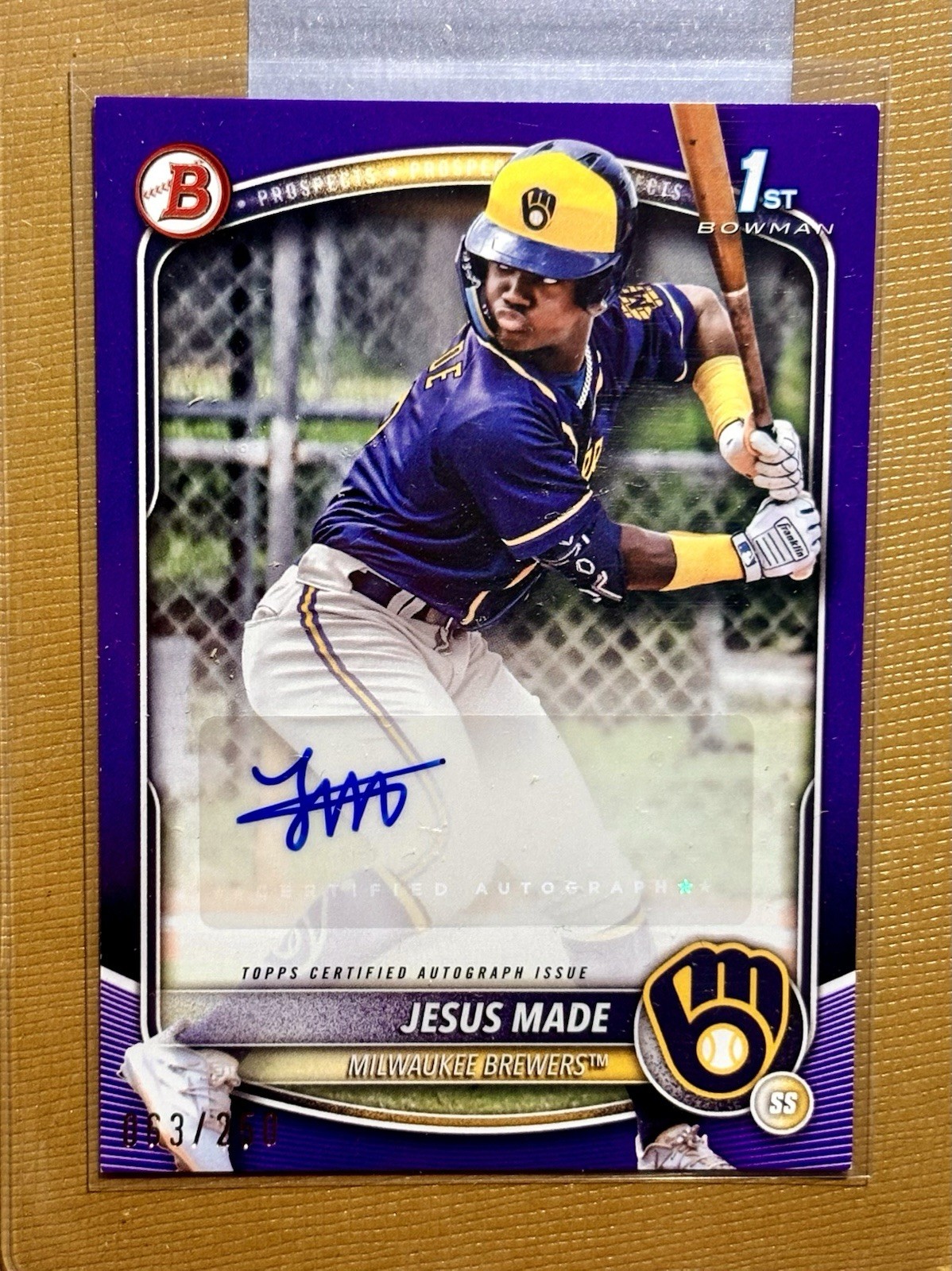 2025 Bowman 1st Jesus Made Prospect Purple Auto /250 Brewers BPA-JM