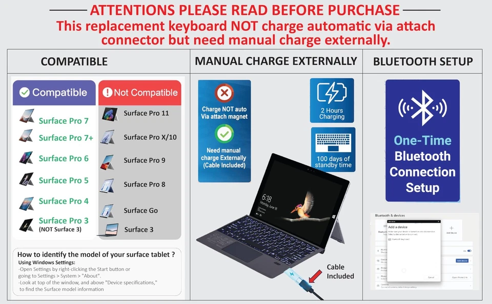 Teclado Inalámbrico Tipo Cubierta Trackpad Mouse Repuesto para Microsoft Surface... Foto 2 de 4