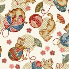 Feline Drive Fabric TOKYO FUR-TALES Kawaii Kitties Cream - Sold by the Yard