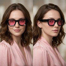 Black Square Sunglasses Pink Lens Retro Fashion Funky Statement Sun Glasses