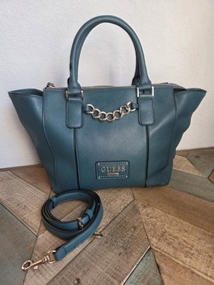 GUESS Green Teal Satchel Handbag Saffiano Faux Leather Crossbody EUC Leopard
