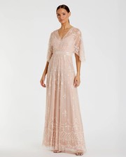 MAC DUGGAL 9144  V-NECK FLOUNCE SLEEVE EMBELLISHED MESH BLUSH GOWN sz 10
