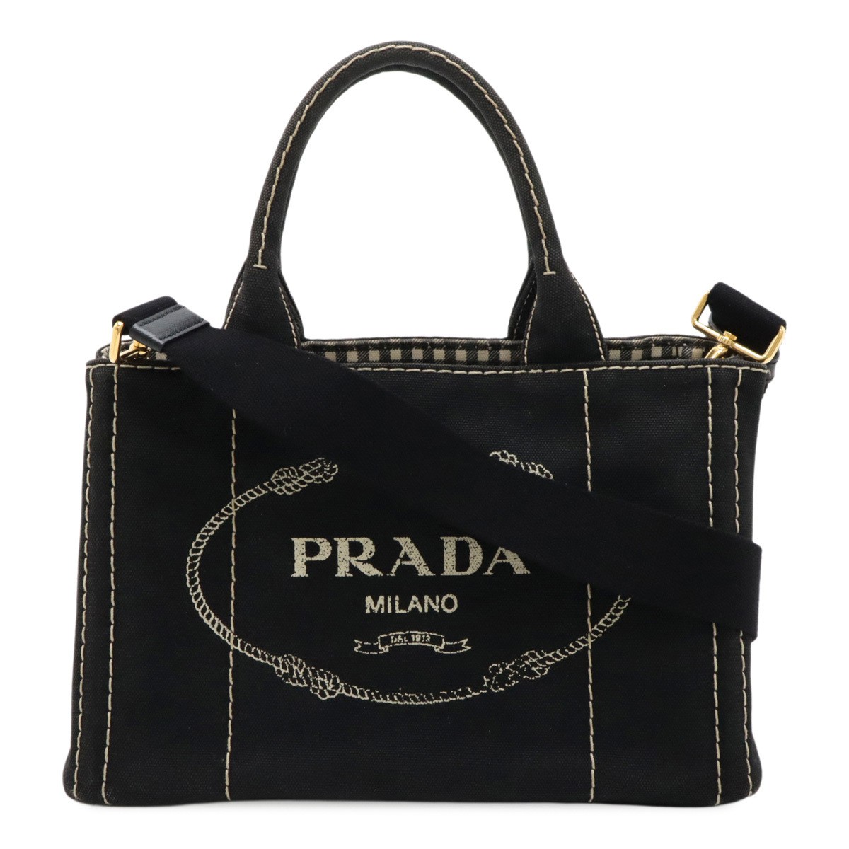 PRADA CANAPA 2WAY Tote Shoulder Crossbody Bag Gingham Check Canvas Black