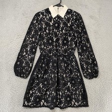 Alice + Olivia Dress Womens 2 Black Floral Lace Collared Long Sleeve Terisa