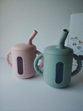 Seposeve 2 Pack Silicone Sippy Cups Straw Handles Sage Green Pink 6oz NEW Baby