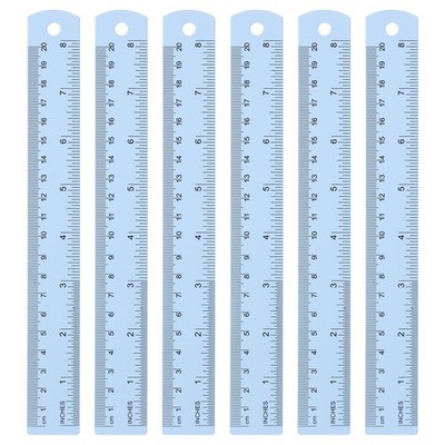 6 Straight Rulers 20cm Metric SAE Aluminum With Hole, Light Blue