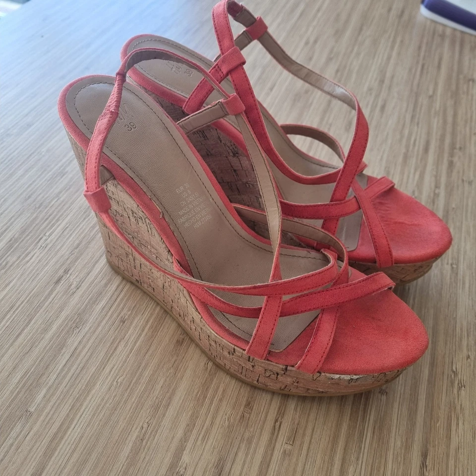 LADIES SIZE 8 ORANGE BROWN H&M STRAPPY CORK WEDGES HEELS - image 2 of 2