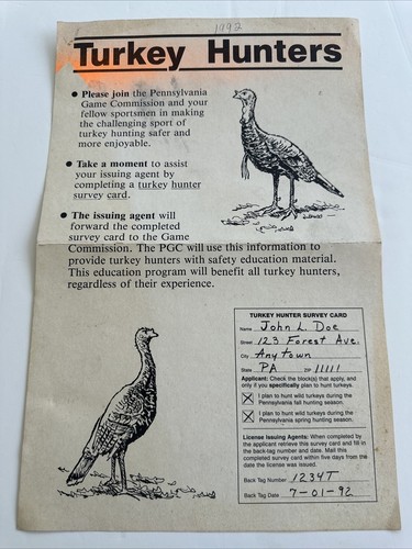 Pennsylvania Game Commission Turkey Hunting Survey Card Poster 1992