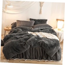 Fuzzy Comforter Cover Set, Fluffy Bedding Set 2 Pieces 1 Plush Twin Dark Gray