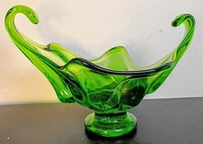 Vintage Clear Green Art Glass Candy Dish, Platform Bowl Made In USA