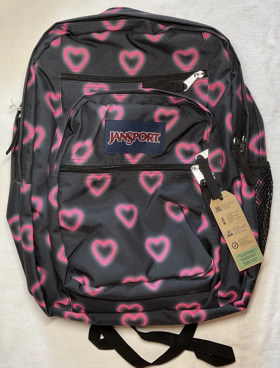 Jansport Black Backpack with Neon Pink Heart Print- New jansport backpack hearts products for sale | eBay main image 2