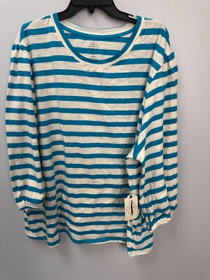 St John's Bay Teal Striped  Balloon Sleeve Blouse T-Shirt Women's Sz 3X