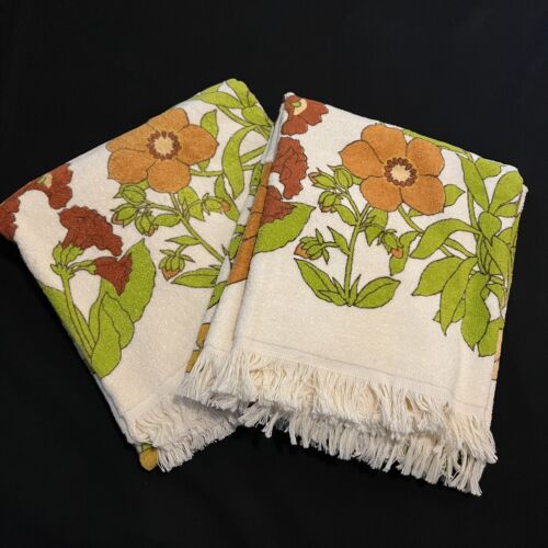 Unbenutzt Vintage Menge 2 Fieldcrest Fransen Badetücher 42"x24" Blumen Wildblumen - Bild 2 von 8