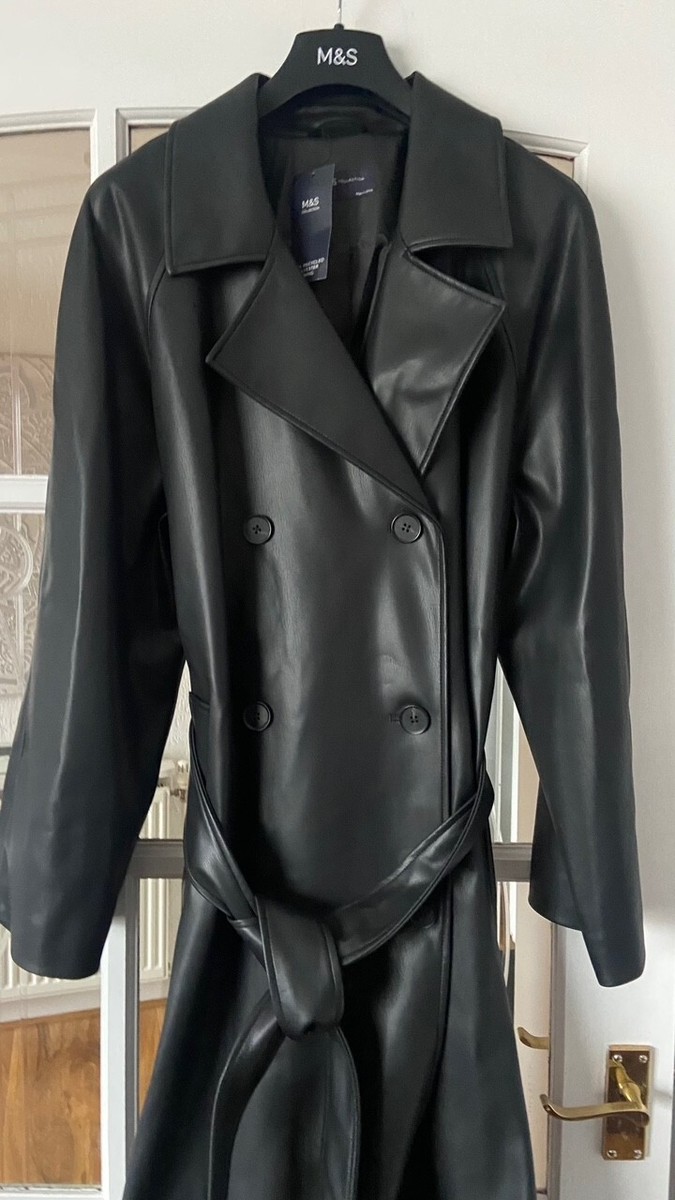 Stylish BNWT M&S black faux leather belted trench coat 16 20