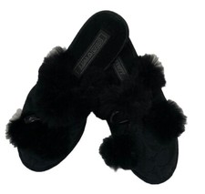 Coach Slippers Poppy Jayda Black Signature Faux Fur Slip On Mules Pompoms Size 6