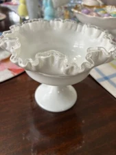 Fenton Art Glass Silver Crest Ruffled Pedestal Compote Petticoat Glass Edge