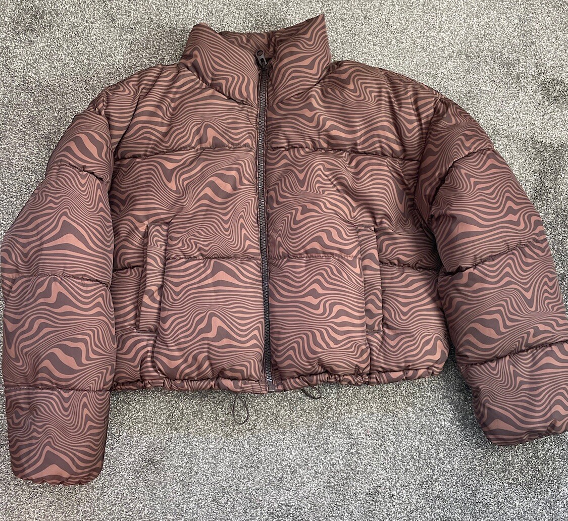 H&M Brown Cropped puffer Jacket Coat Swirl Brand New Size M UK 12