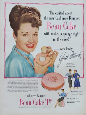 1947 vintage beau cake print ad. Featuring gail Patrick