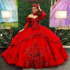 Red Shiny Off Shoulder Quinceanera Dress Ruffles Appliques Beads Long Sleeves