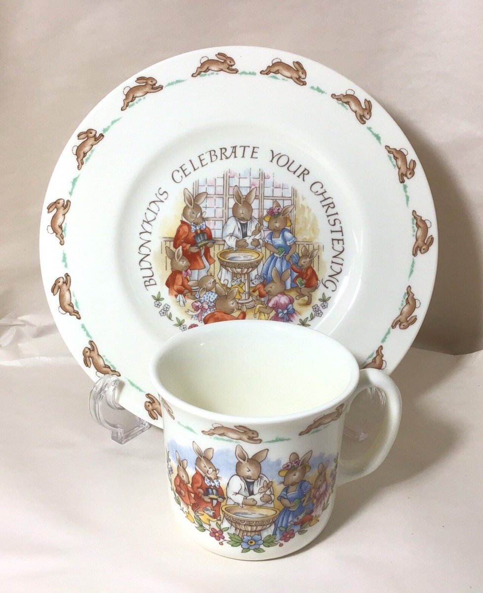 Vintage Royal Doulton Bunnykins Christening Plate Mug Piece Set  Excellent