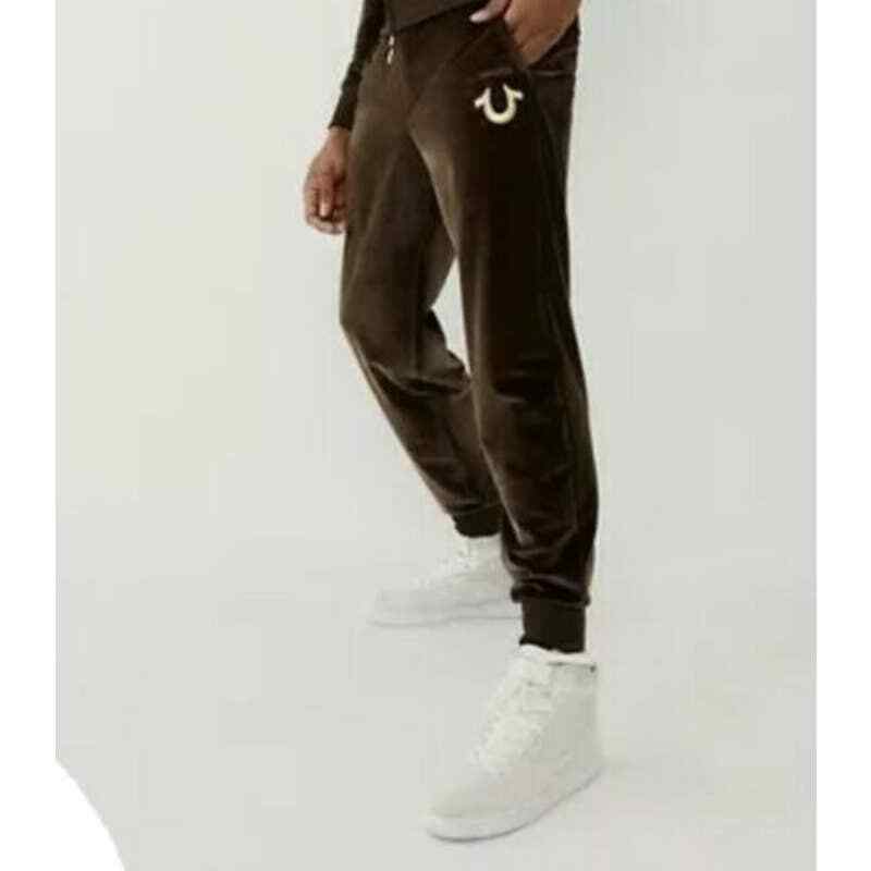 True Religion Men's Brown Gold Drawstring Velour Jogger Sweatpants