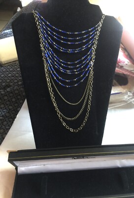 VTG BLUE MULTI-LAYERED NECKLACE w/CYLINDER BEADS AND SILVER ROUNDS