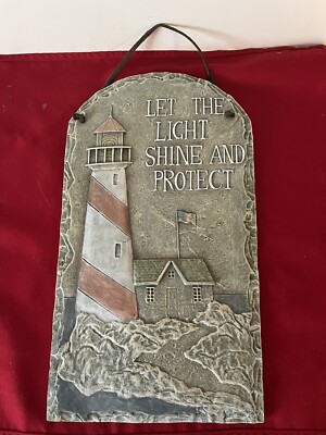 LIGHTHOUSE WALL PLAQUE LET THE LIGHT SHINE AND PROTECT US FLAG 13.5 X 7.5