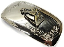 Western Bridled Horse Head Belt Buckle Corner Scrolling Polished Silver Tone Vtg