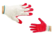 100 Pairs String Knit Red Palm Latex Dipped Gloves, Made in Korea?
