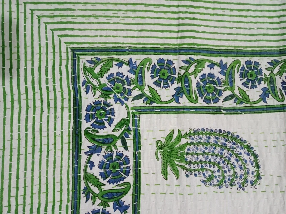 Manta edredón Kantha estampado verde indio blanco algodón tamaño king colcha tiro Foto 2 de 4