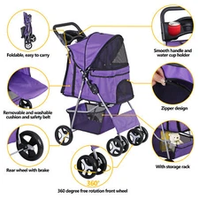 Pet Travel Carriage 4 Wheels Dog Stroller Foldable Carrier Cup Holder Purple