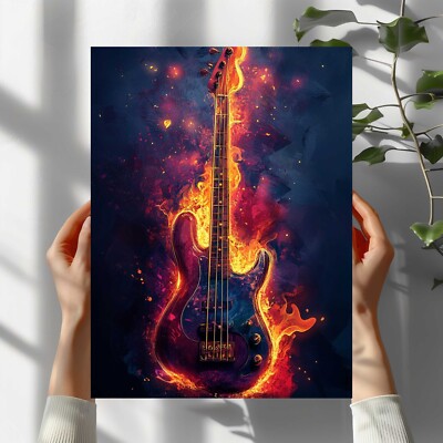 Feuer Bassgitarre Premium Poster Schöne Wanddeko Dekoration in 40X30 cm