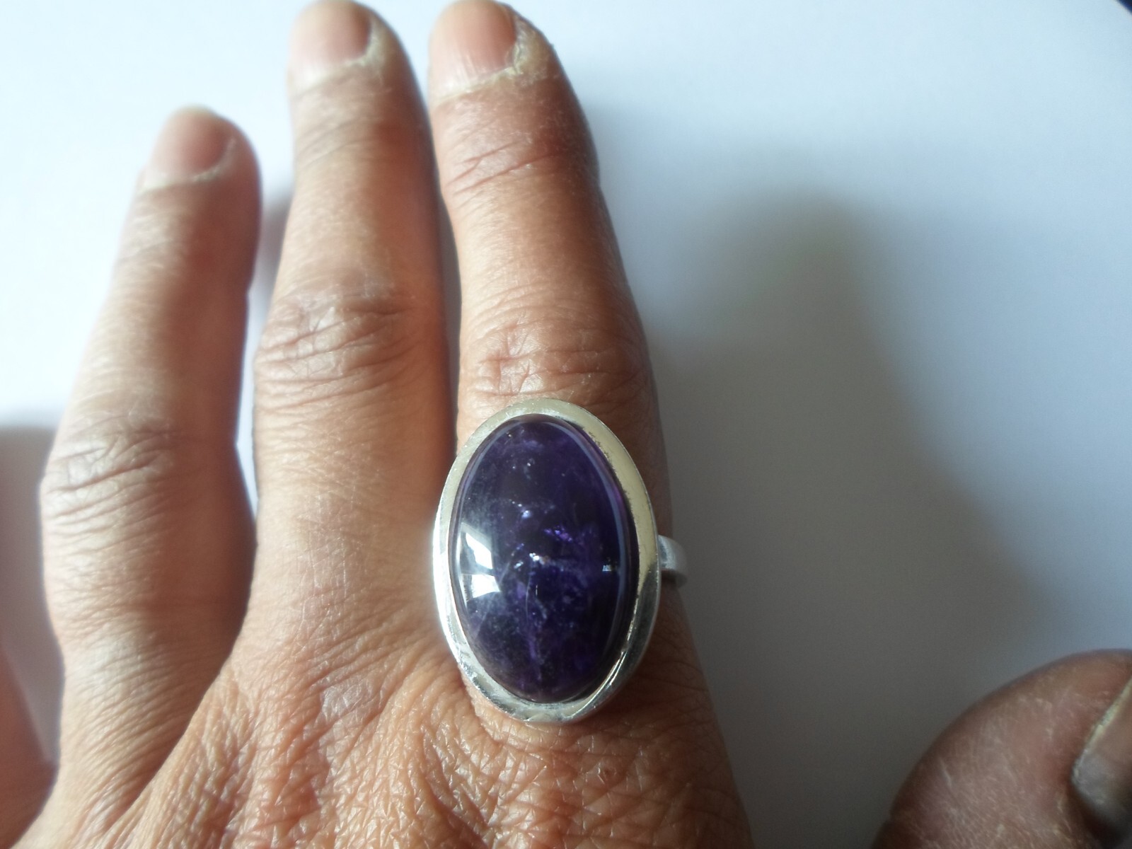 large solid silver ring, dark purple stone caboch… - image 2