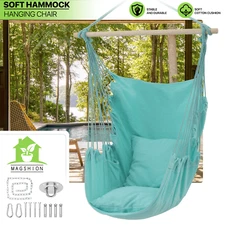 Patio Hammock Chair Macrame 350LBS Swing Hanging Rope w/Side Pocket&Cushion Seat