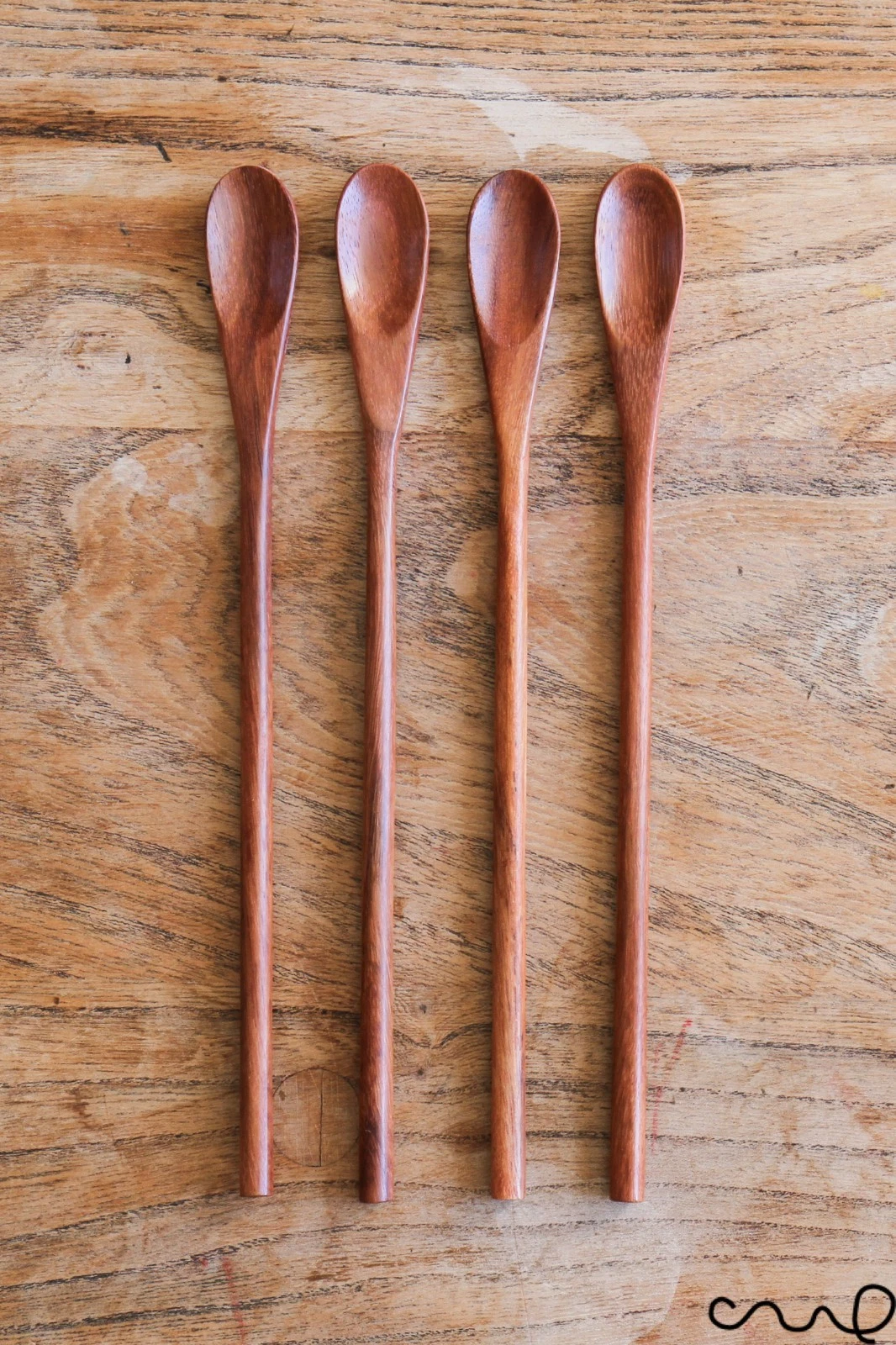 4 x Long Wooden Teaspoon Handmade 21cm Rose Wood Serving Coffee Oval Head Spoons