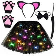 Black Cat Costume for Girls Cat Outfit Set LED Light Up Dress with 3-9 Years