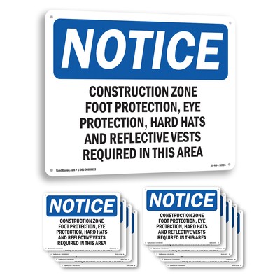 Work Zone Foot Protection Eye Protection OSHA Notice Sign, Decal 5 or 10 Pack