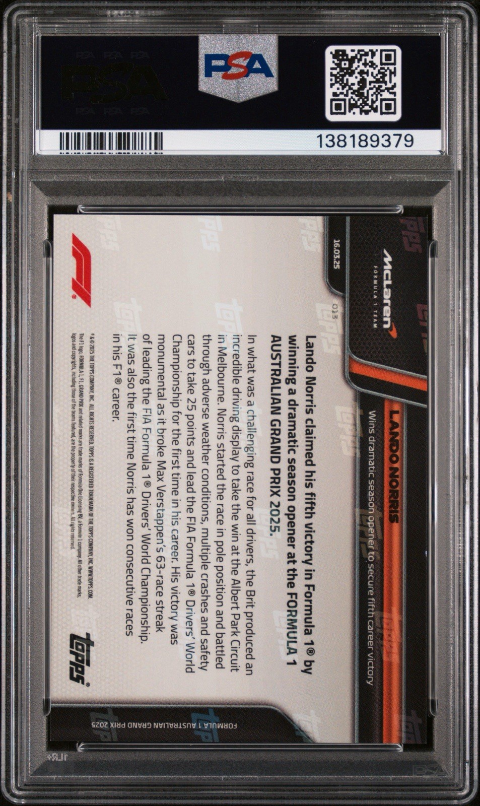 Lando Norris 2025 Topps Now F1 McLaren 5th Career Win Base #13 PSA Gem Mint 10 view 2